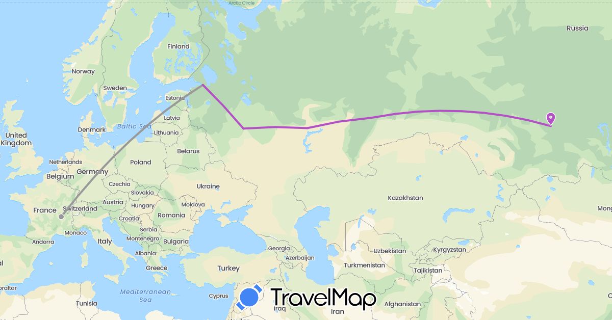 TravelMap itinerary: driving, plane, train in France, Russia (Europe)